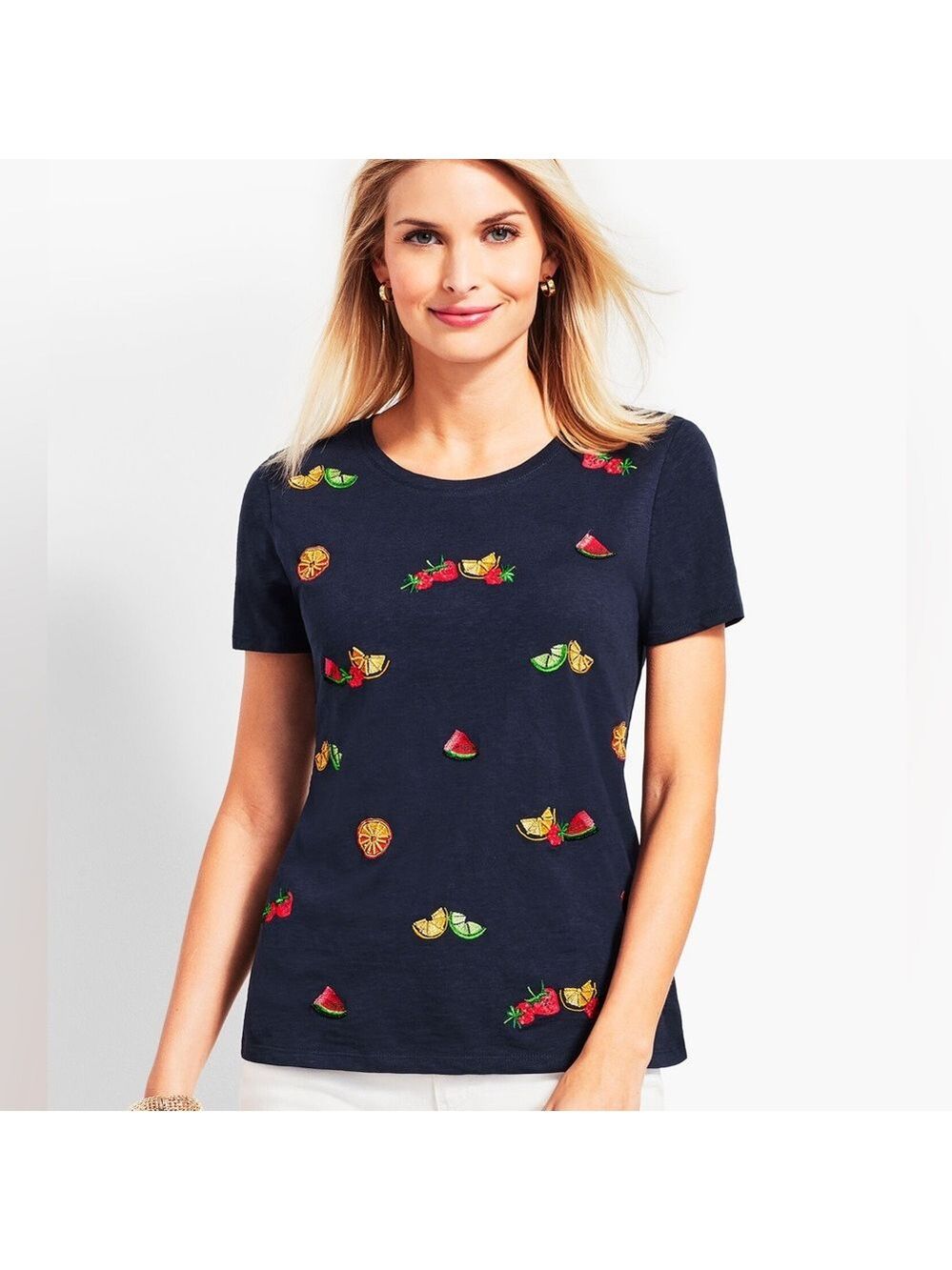 Talbots Tutti Frutti Beaded Embroidered Navy Fruit Crewneck Tee, size L